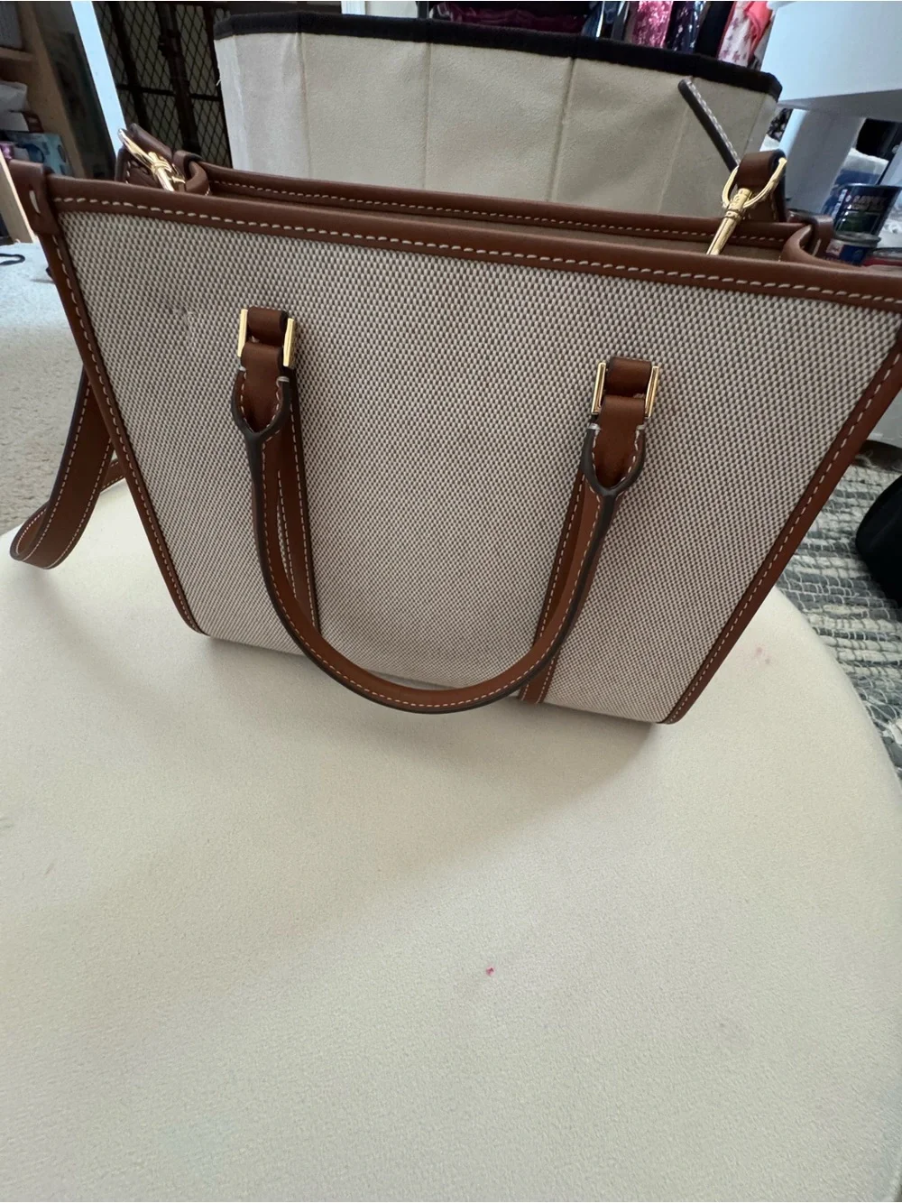 Tory Burch Cream Canvas Tote with Brown Leather Trim